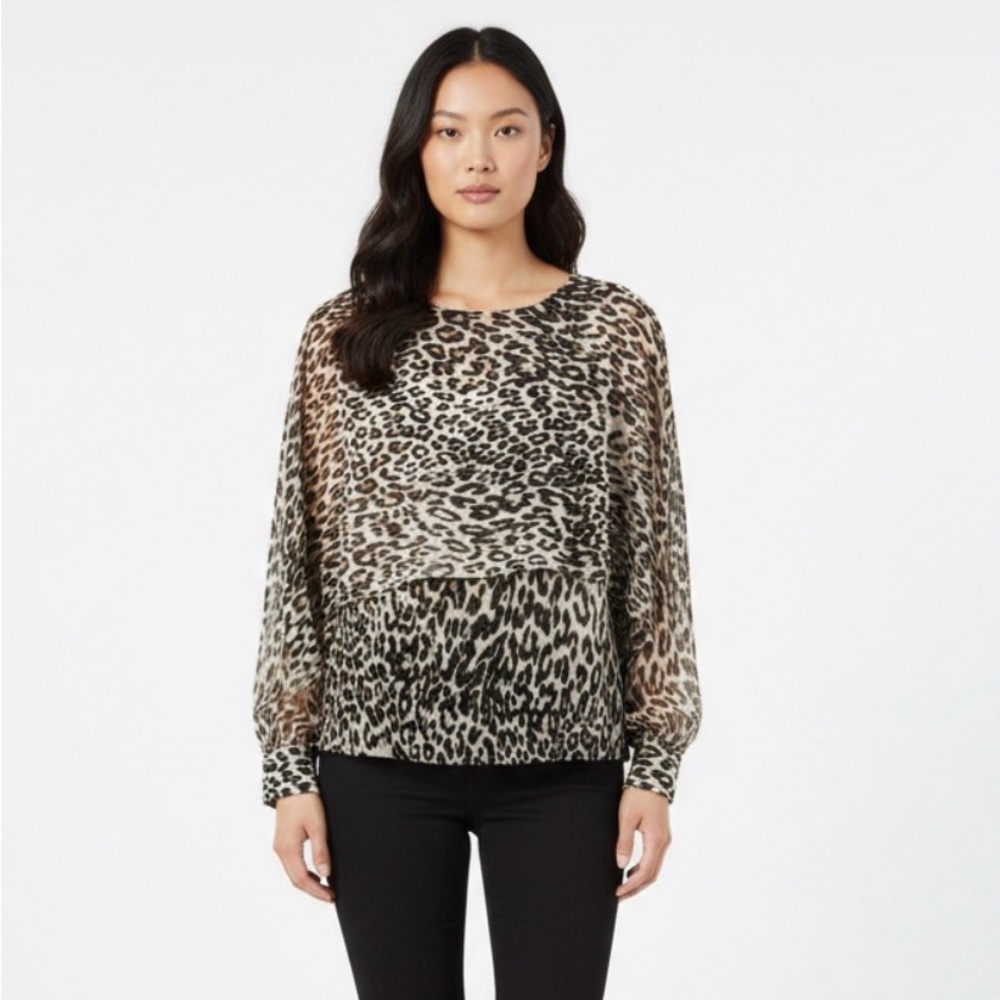 DKNY Top Womens Size P/XS  Brown Leopard Shimmer Long‎ Cape Sleeve Sophisticated